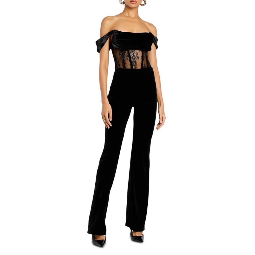 Retrofete Leni Velvet Lace Jumpsuit Black Corset Off Shoulder Straight Leg Large